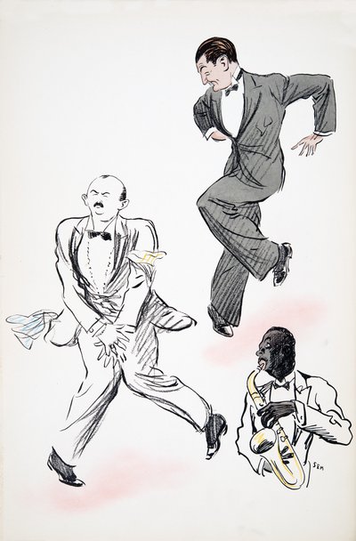 Two gentlemen in black tie dancing to jazz, played by a musician on the saxophone, from White Bottoms, pub. 1927 by Sem